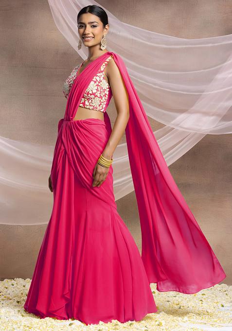 Rani Pink Pre-Stitched Saree Set With Pearl And Sequin Hand Embroidered Blouse