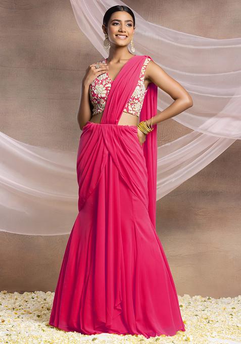 Buy Women Rani Pink Pre-Stitched Saree Set With Pearl And Sequin Hand ...