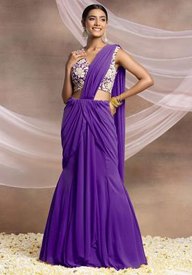 Purple Pre-Stitched Saree Set With Pearl And Sequin Hand Embroidered Blouse