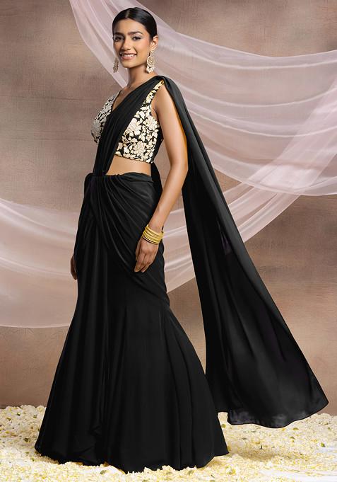 Black Pre-Stitched Saree Set With Pearl And Sequin Hand Embroidered Blouse