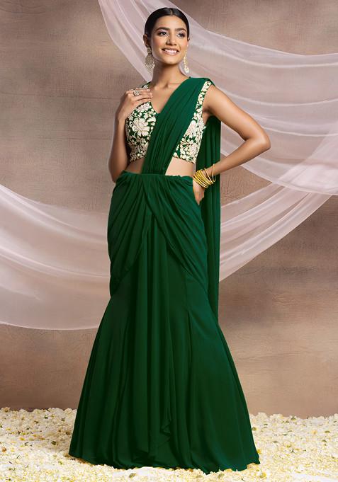 Emerald Green Pre-Stitched Saree Set With Pearl And Sequin Hand Embroidered Blouse
