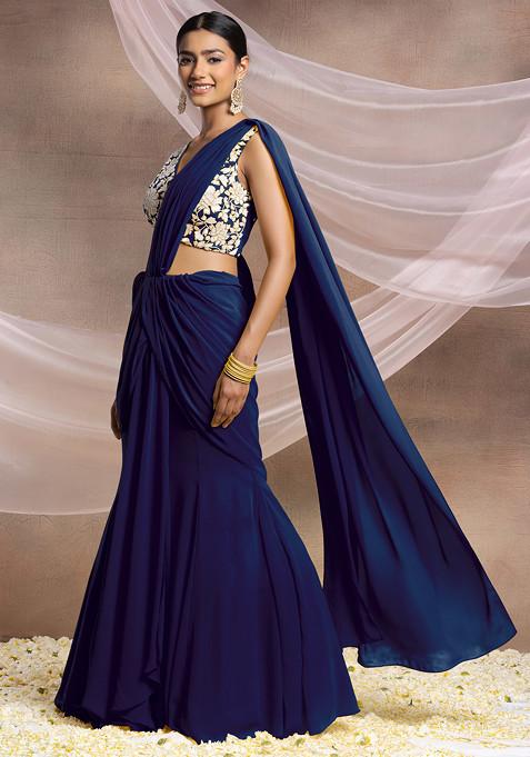 Indigo Blue Pre-Stitched Saree Set With Pearl And Sequin Hand Embroidered Blouse