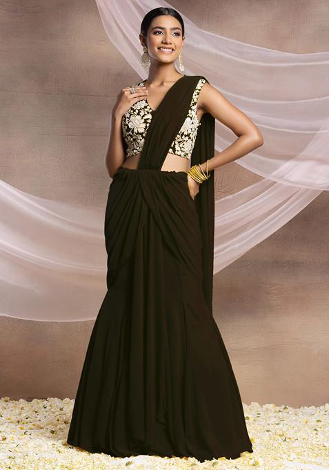 Copper Pre-Stitched Saree Set With Pearl And Sequin Hand Embroidered Blouse