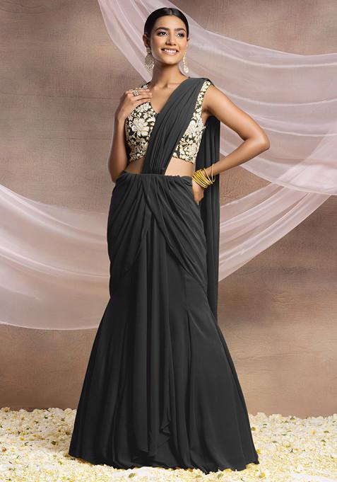 Charcoal Black Pre-Stitched Saree Set With Pearl And Sequin Hand Embroidered Blouse