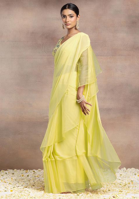 Lime Yellow Pre-Stitched Saree Set With Floral Thread Hand Embroidered Blouse