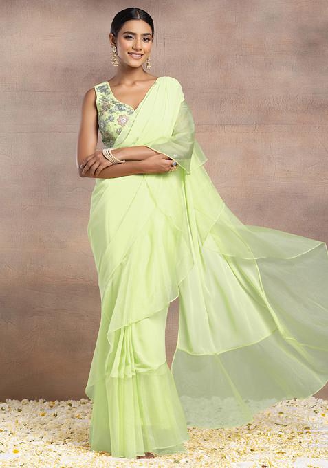 Light Green Pre-Stitched Saree Set With Floral Thread Hand Embroidered Blouse