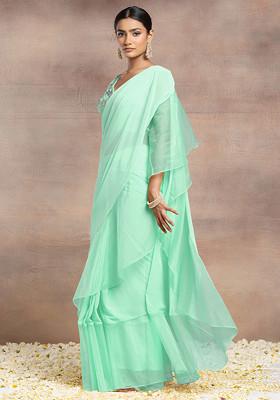 Mint Green Pre-Stitched Saree Set With Floral Thread Hand Embroidered Blouse