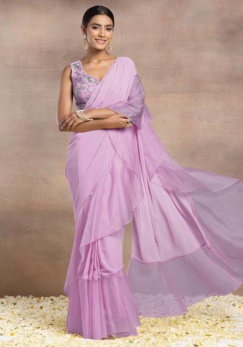 Pink Pre-Stitched Saree Set With Floral Thread Hand Embroidered Blouse