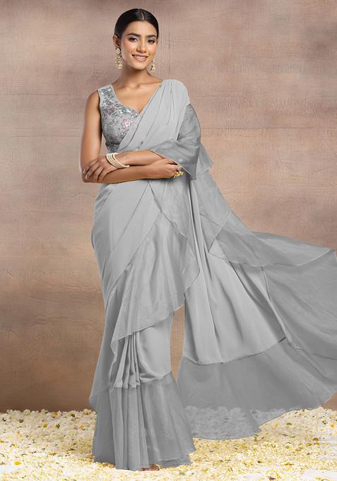 Grey Pre-Stitched Saree Set With Floral Thread Hand Embroidered Blouse