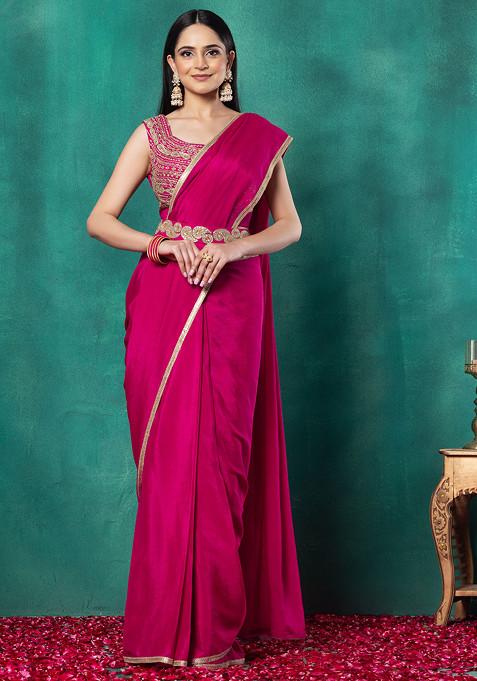 Rani Pink Pre-Stitched Saree Set With Dori Hand Embroidered Blouse And Belt