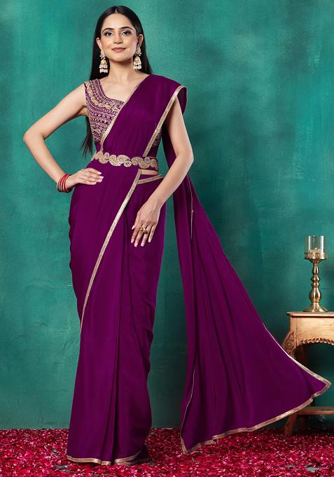 Dark Purple Pre-Stitched Saree Set With Dori Hand Embroidered Blouse And Belt