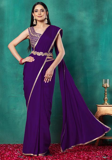 Purple Pre-Stitched Saree Set With Dori Hand Embroidered Blouse And Belt