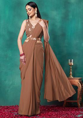 Brown Pre-Stitched Saree Set With Floral Hand Embroidered Blouse And Belt