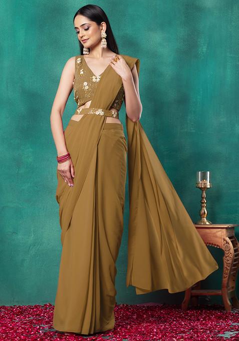Brown Pre-Stitched Saree Set With Floral Hand Embroidered Blouse And Belt