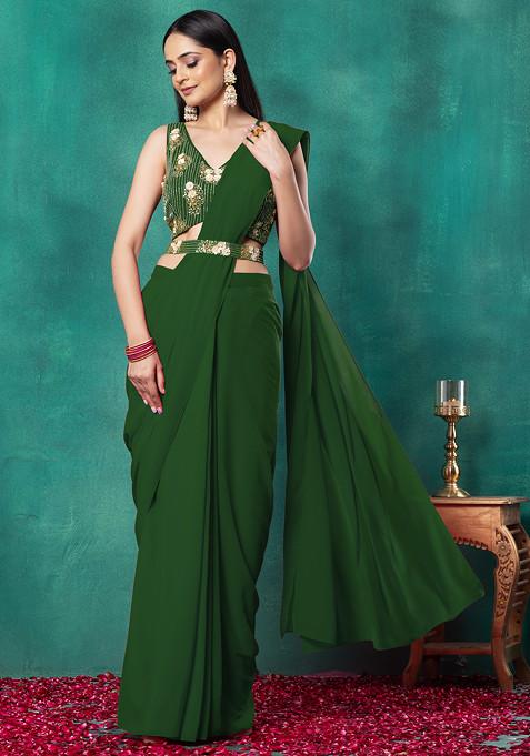 Dark Green Pre-Stitched Saree Set With Floral Hand Embroidered Blouse And Embroidered Belt