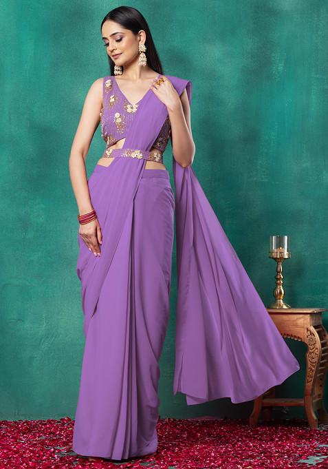 Lavender Pre-Stitched Saree Set With Floral Hand Embroidered Blouse And Embroidered Belt