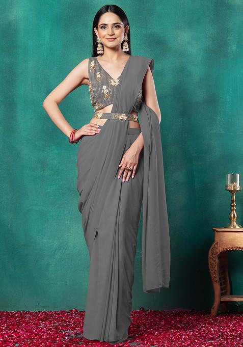 Grey Pre-Stitched Saree Set With Hand Embroidered Blouse And Belt