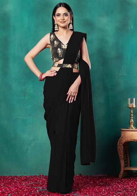 Black Pre-Stitched Saree Set With Floral Hand Embroidered Blouse And Embroidered Belt