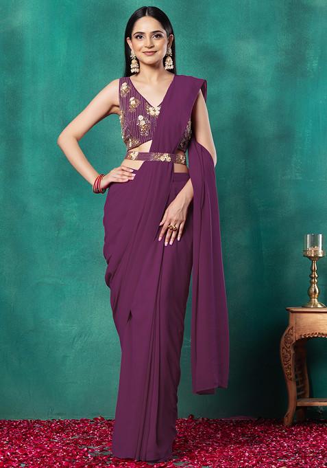 Purple Pre-Stitched Saree Set With Floral Hand Embroidered Blouse And Belt