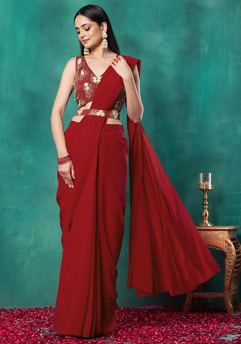 Red Pre-Stitched Saree Set With Floral Hand Embroidered Blouse And Belt