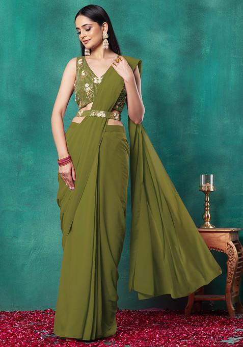 Olive Pre-Stitched Saree Set With Floral Hand Embroidered Blouse And Embroidered Belt