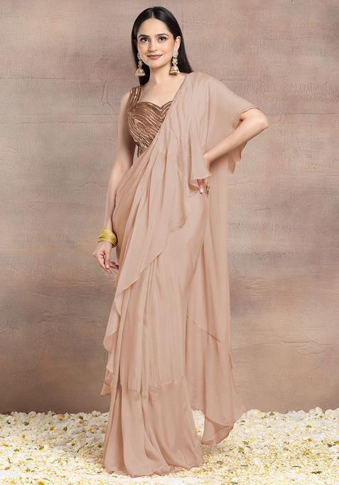 Beige Pre-Stitched Saree Set With Tonal Sequin Hand Embroidered Silk Blouse