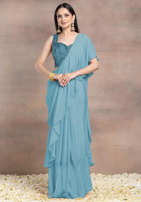 Light Blue Pre-Stitched Saree Set With Tonal Sequin Hand Embroidered Silk Blouse