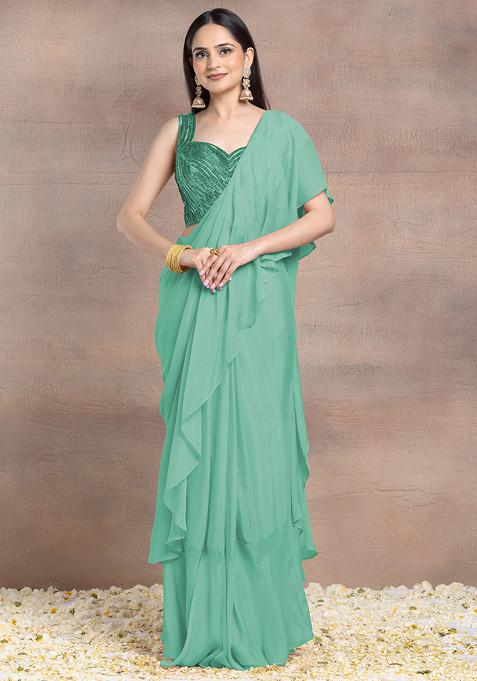 Seafoam Pre-Stitched Saree Set With Tonal Sequin Hand Embroidered Silk Blouse
