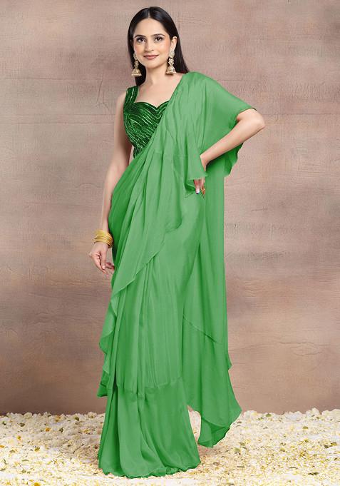 Green Pre-Stitched Saree Set With Tonal Sequin Hand Embroidered Silk Blouse