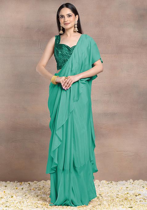Mint Green Pre-Stitched Saree Set With Tonal Sequin Hand Embroidered Silk Blouse