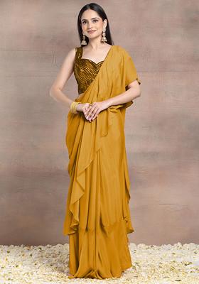 Mustard Pre-Stitched Saree Set With Tonal Sequin Hand Embroidered Silk Blouse