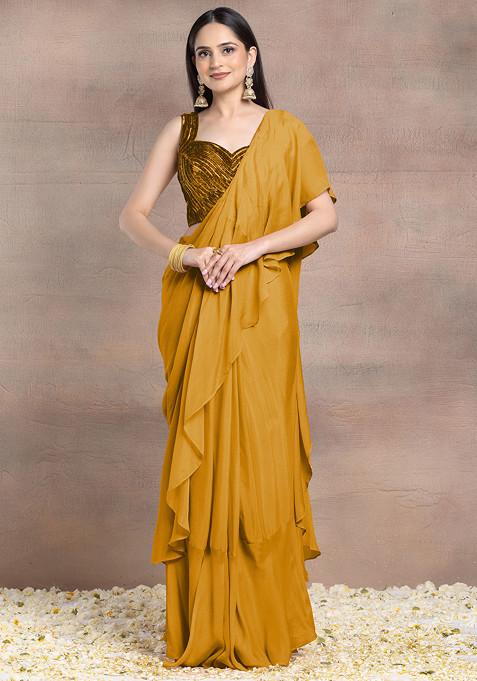 Mustard Pre-Stitched Saree Set With Tonal Sequin Hand Embroidered Silk Blouse