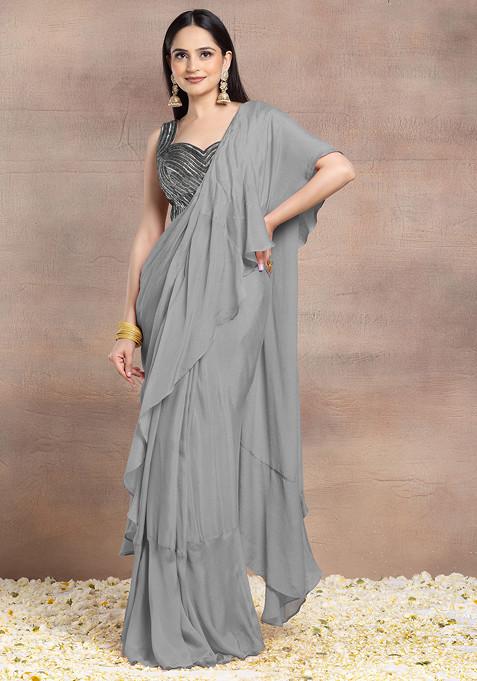 Grey Pre-Stitched Saree Set With Tonal Sequin Hand Embroidered Silk Blouse
