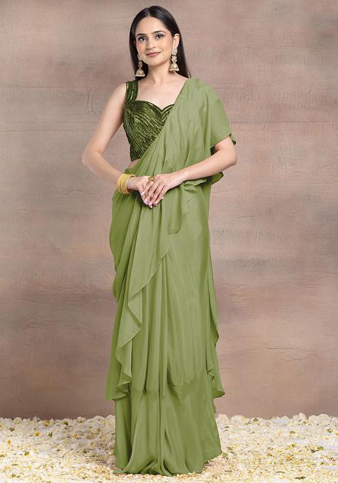 Olive Pre-Stitched Saree Set With Tonal Sequin Hand Embroidered Silk Blouse