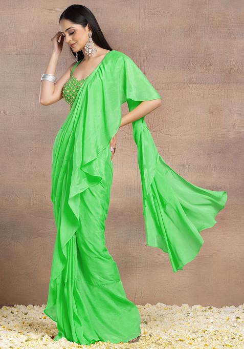 Green Pre-Stitched Saree Set With Pearl Grid Hand Embroidered Blouse
