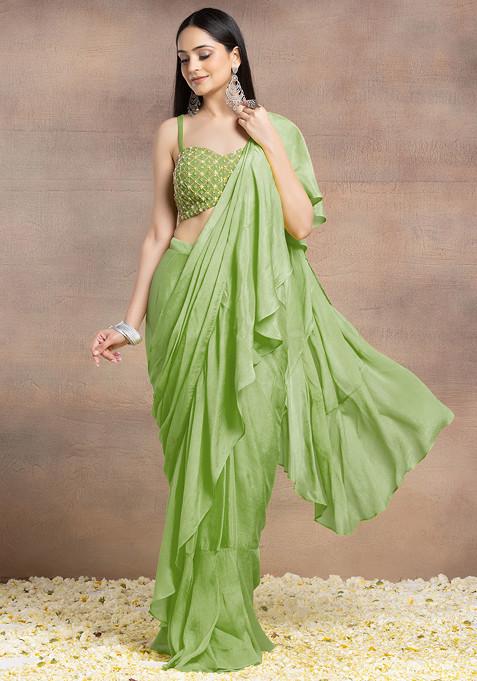 Olive Green Pre-Stitched Saree Set With Pearl Grid Hand Embroidered Blouse