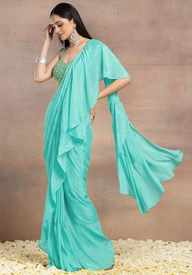 Light Blue Pre-Stitched Saree Set With Pearl Grid Hand Embroidered Blouse