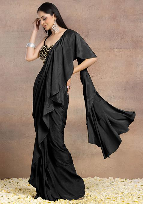 Black Pre-Stitched Saree Set With Pearl Grid Hand Embroidered Blouse
