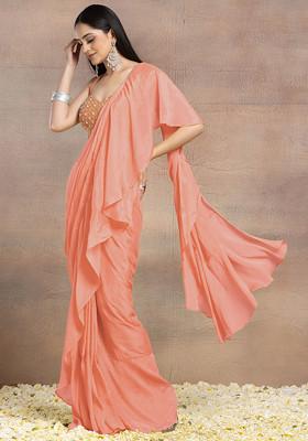 Salmon Pink Pre-Stitched Saree Set With Pearl Grid Hand Embroidered Blouse
