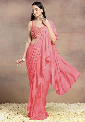 Bright Pink Pre-Stitched Saree Set With Pearl Grid Hand Embroidered Blouse