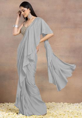 Grey Pre-Stitched Saree Set With Pearl Grid Hand Embroidered Blouse