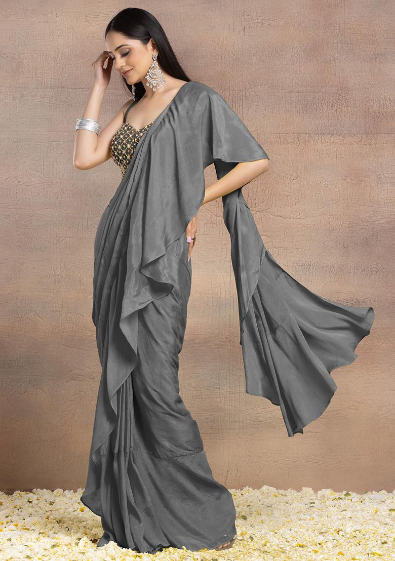 Charcoal Black Pre-Stitched Saree Set With Pearl Grid Hand Embroidered Blouse