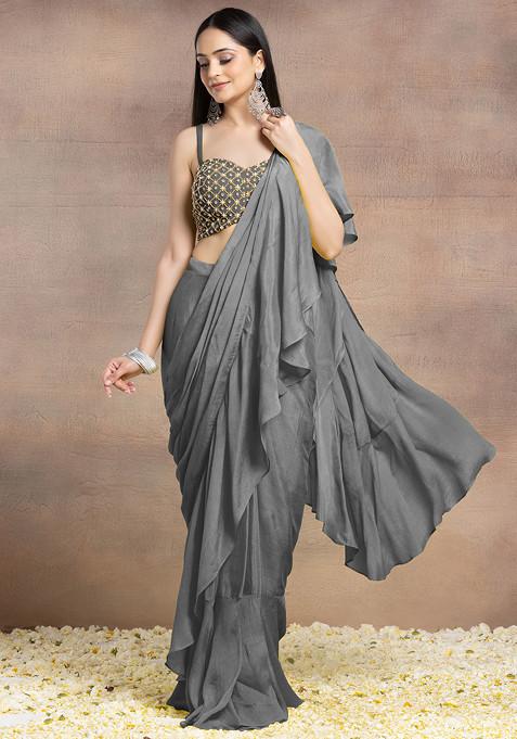 Charcoal Black Pre-Stitched Saree Set With Pearl Grid Hand Embroidered Blouse