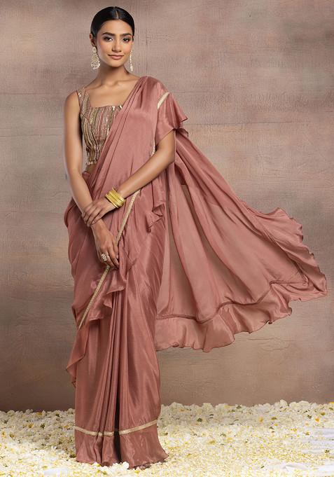 Rusty Rose Ruffled Pre-Stitched Saree Set With Sequin Hand Embroidered Blouse