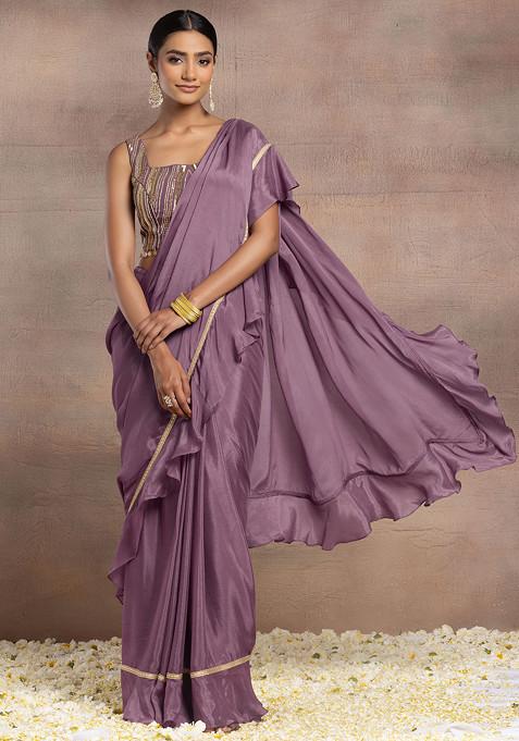 Old Mauve Ruffled Pre-Stitched Saree Set With Sequin Hand Embroidered Blouse