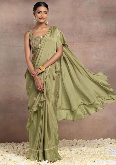 Olive Green Ruffled Pre-Stitched Saree Set With Sequin Hand Embroidered Blouse