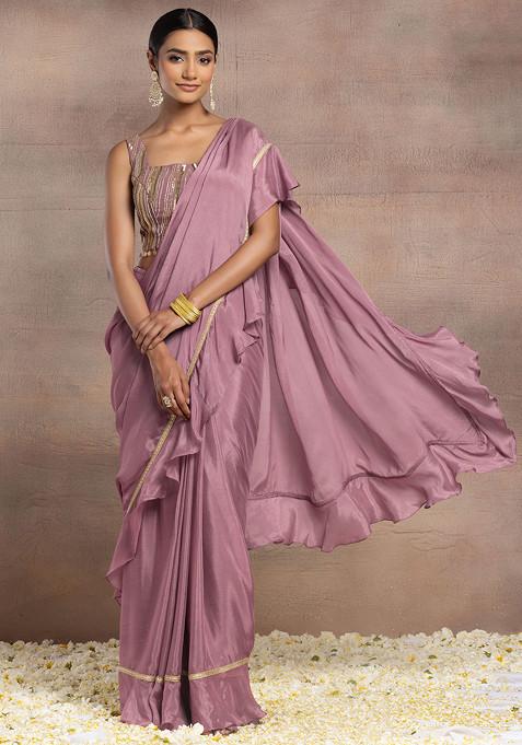 Onion Pink Ruffled Pre-Stitched Saree Set With Sequin Hand Embroidered Blouse