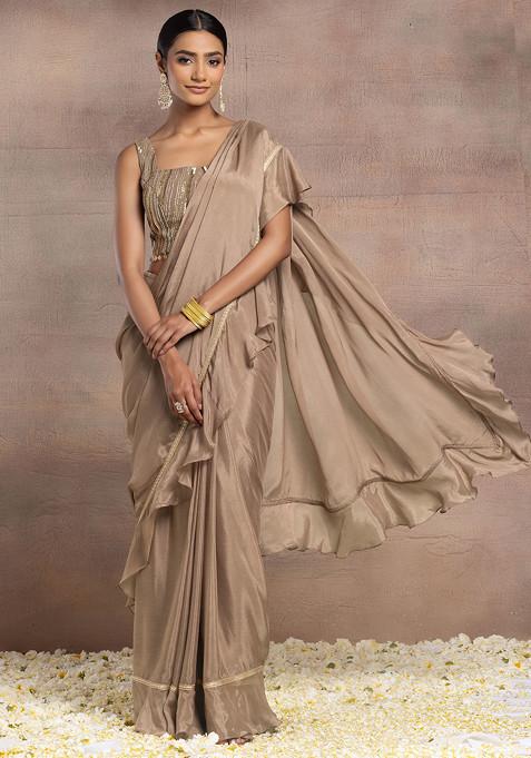 Beige Ruffled Pre-Stitched Saree Set With Hand Embroidered Blouse