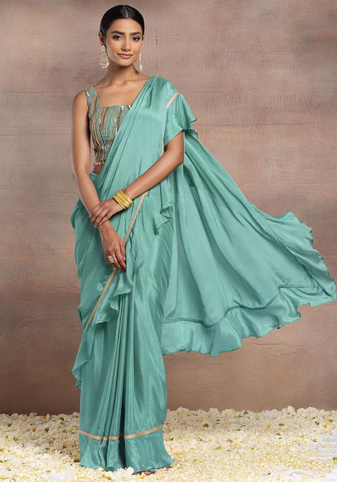 Light Blue Ruffled Pre-Stitched Saree Set With Sequin Hand Embroidered Blouse