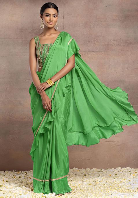Green Ruffled Pre-Stitched Saree Set With Sequin Hand Embroidered Blouse